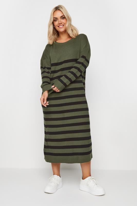 Tallas Grandes YOURS Curve Khaki Green Stripe Knitted Jumper Dress