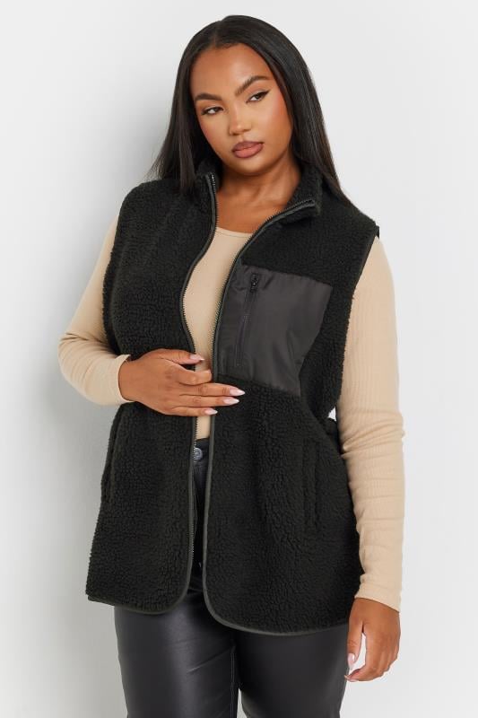 YOURS Plus Size Black Teddy Fleece Pocket Gilet | Yours Clothing 1