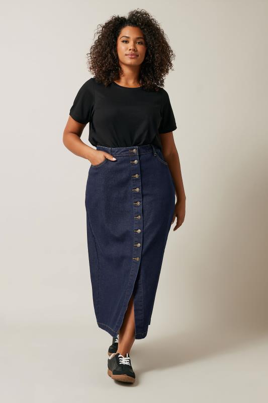 EVANS Plus Size Indigo Blue Button Through Denim Maxi Skirt | Evans 2