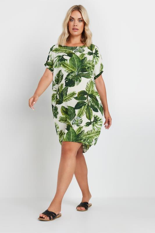 YOURS Plus Size Green Tropical Leaf Print Tunic Dress | Yours Clothing 1