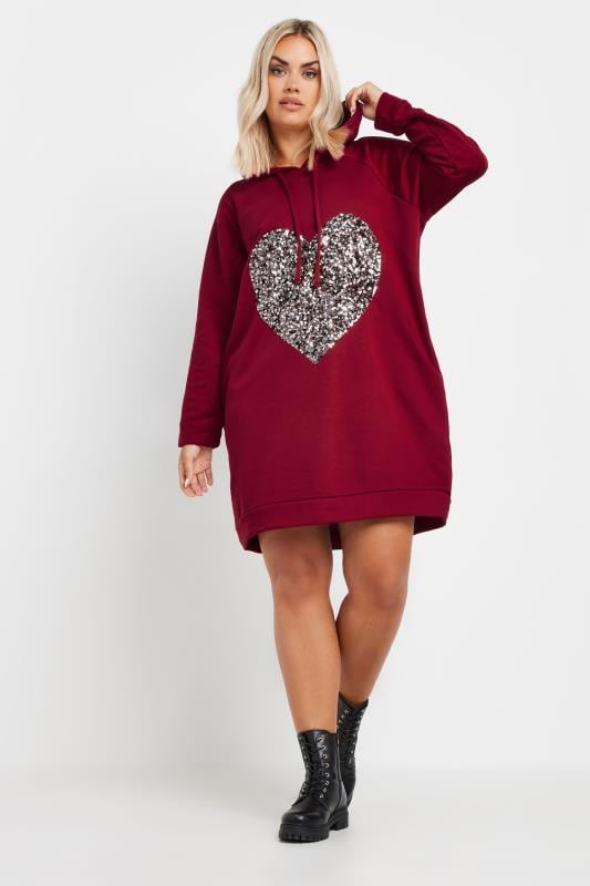 YOURS Plus Size Red Sequin Embellished Heart Hoodie Dress | Yours Clothing  2