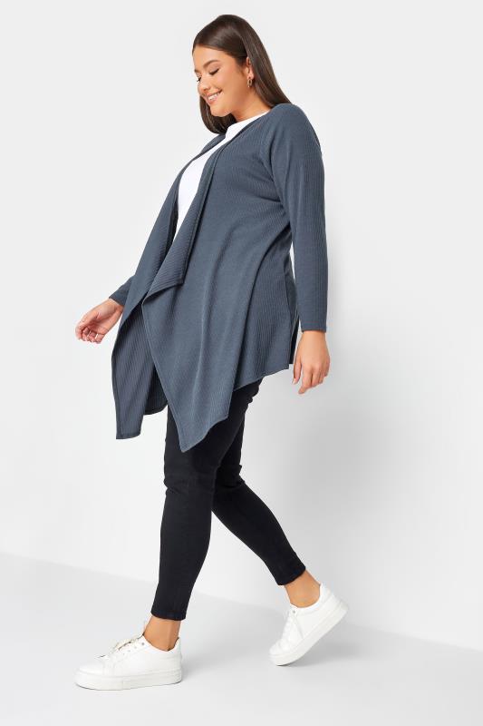 YOURS Plus Size Grey Ribbed Waterfall Cardigan | Yours Clothing 2