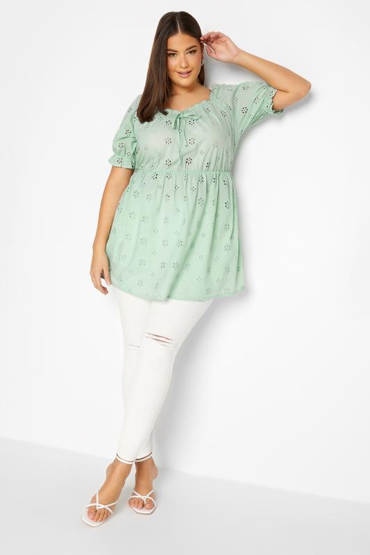 YOURS Plus Size Curve Mint Green Broderie Anglaise Peplum Top | Yours Clothing 3