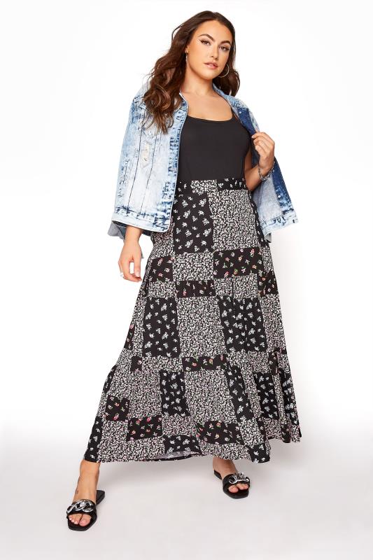 YOURS LONDON Black Patchwork Tiered Maxi Skirt | Yours Clothing 1