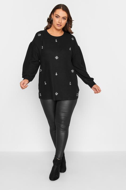 YOURS LUXURY Curve Black Pearl & Stud Embellished Soft Touch Puff Sleeve Top | Yours Clothing 3