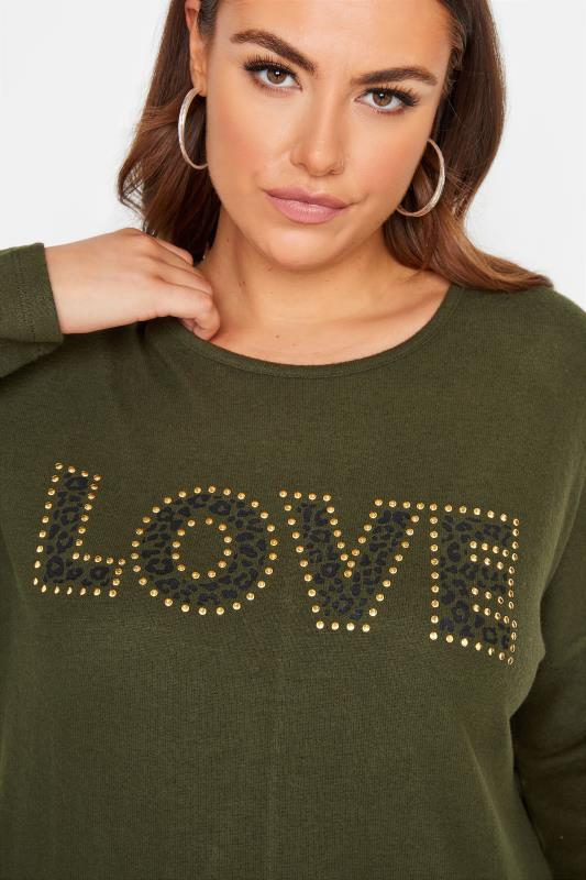 Curve Khaki Green Animal Print 'Love' Slogan Knitted Top 4