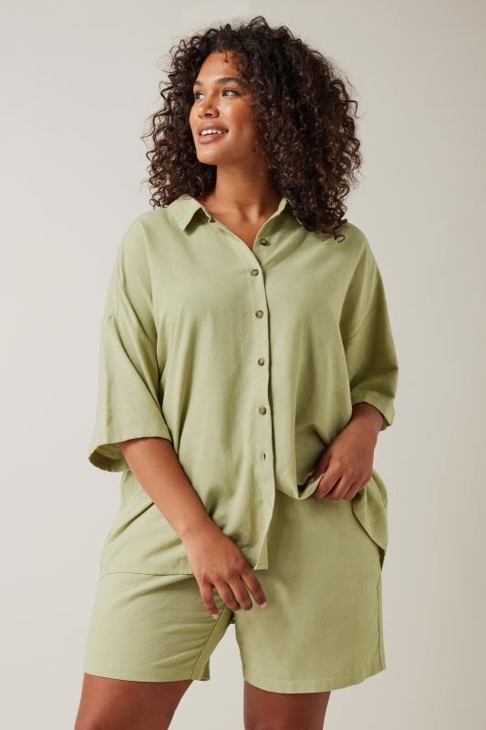 EVANS Plus Size Khaki Green Linen Shirt  | Yours Clothing 1