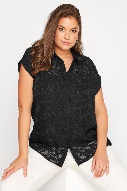  Grande Taille Curve Black Textured Floral Print Shirt