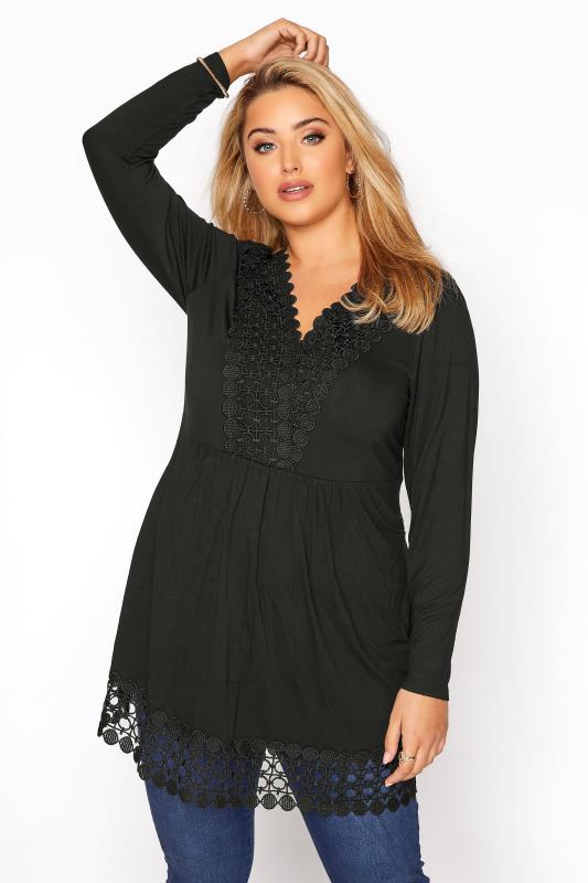 Plus Size Black Crochet Trim Tunic Top | Yours Clothing 1
