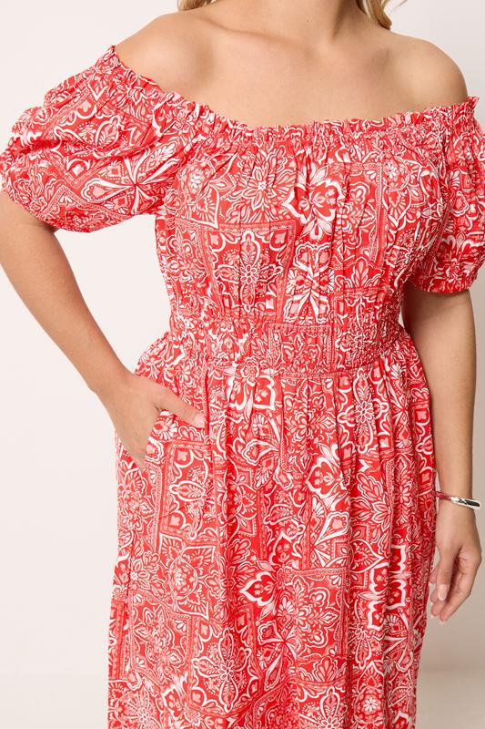YOURS Plus Size Red Paisley Poplin Bardot Dress | Yours Clothing 4
