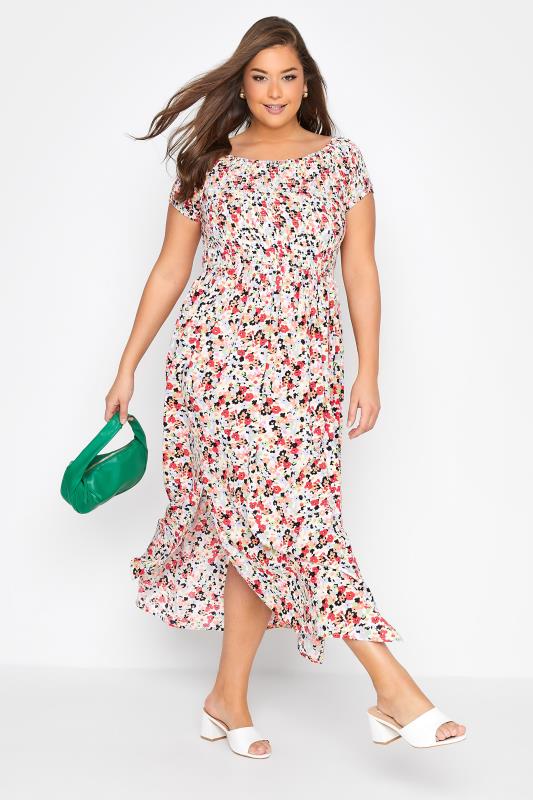 Plus Size Red Floral Bardot Maxi Dress | Yours Clothing 1
