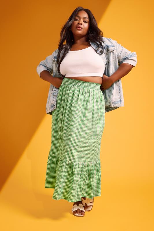  YOURS Curve Green Gingham Tiered Pure Cotton Midi Skirt