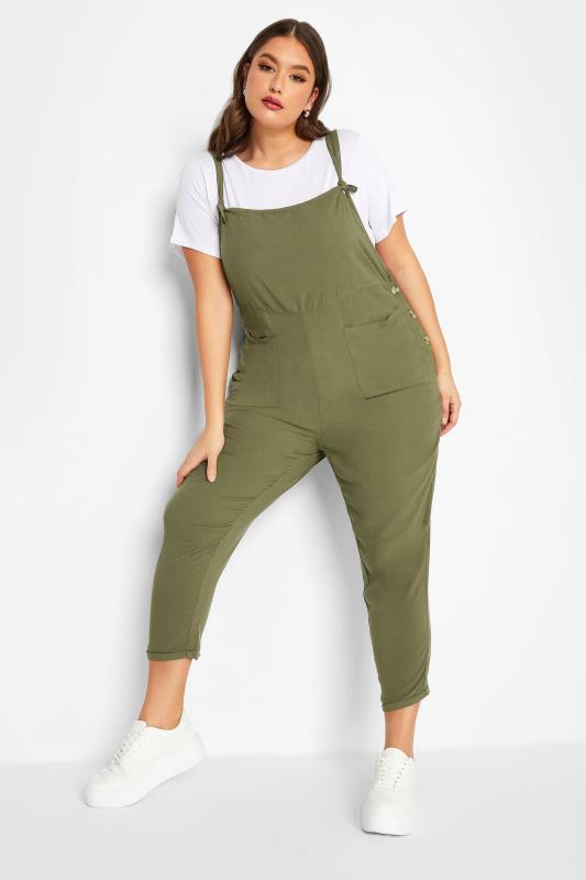 LIMITED COLLECTION Plus Size Curve Khaki Green Pocket Dungarees | Yours Clothing  1