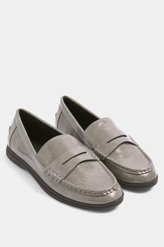 Grey Faux Leather Flatform Loafers In Wide E Fit | Yours Clothing 1