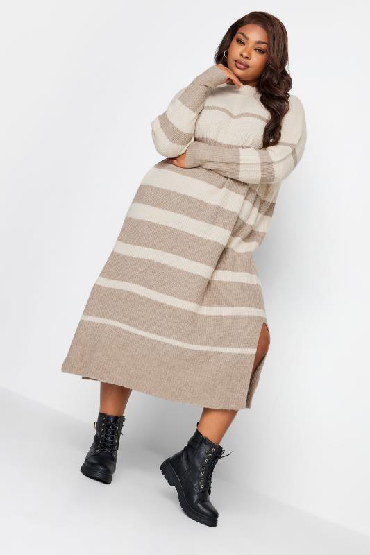 YOURS Plus Size Beige Brown Stripe Maxi Jumper Dress | Yours Clothing 2