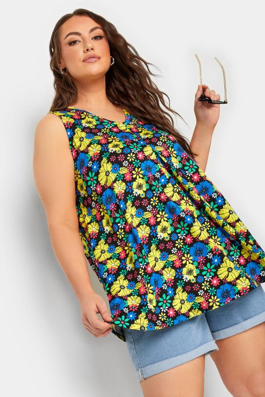 YOURS Plus Size Black & Yellow Ditsy Print Pleat Front Vest Top | Yours Clothing 1