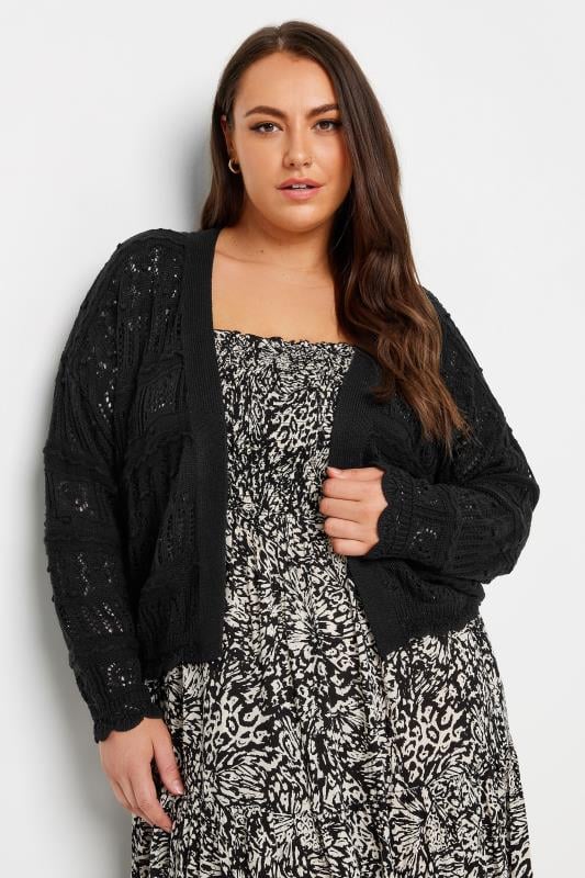 YOURS Curve Black Pure Cotton Cropped Pointelle Cardigan