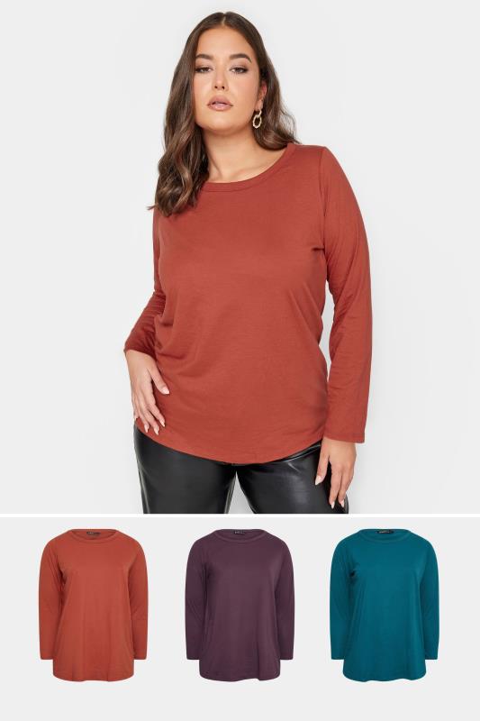  Grande Taille YOURS Curve 3 PACK Orange & Blue Long Sleeve Tops