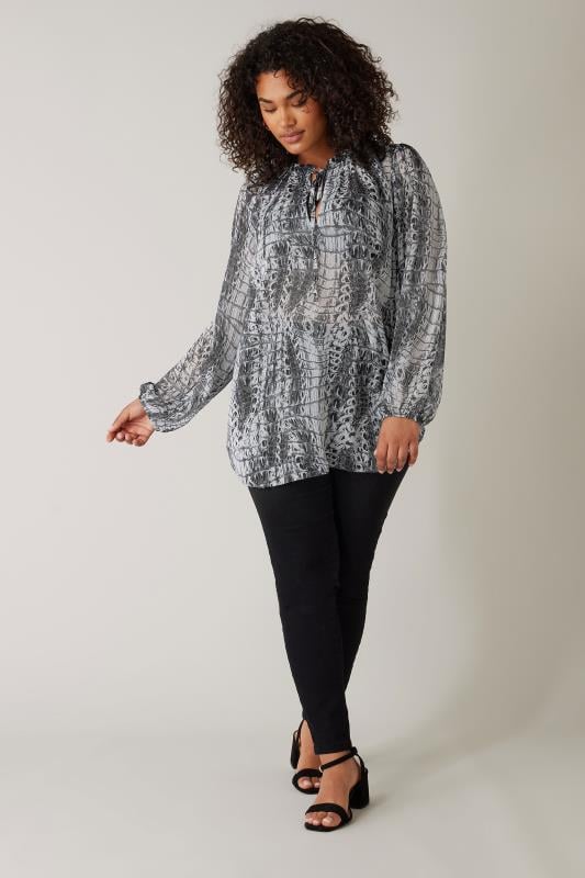 EVANS Plus Size Grey Snake Print Tie Neck Blouse | Evans 2