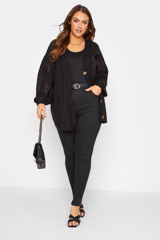 Plus Size Curve Black Pointelle Balloon Sleeve Cardigan | Yours Clothing 2