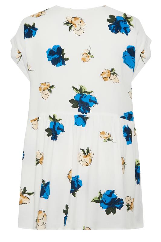 YOURS Plus Size White & Blue Floral Print Peplum Blouse | Yours Clothing 7