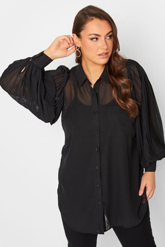 Plus Size YOURS LONDON Black Pleat Sleeve Mesh Shirt | Yours Clothing 1