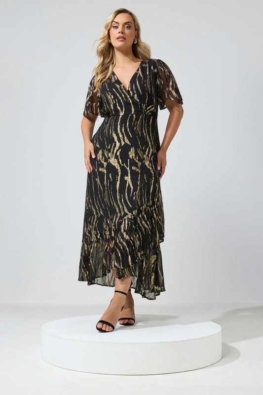 YOURS LONDON Plus Size Black & Gold Metallic Ruffle Wrap Dress