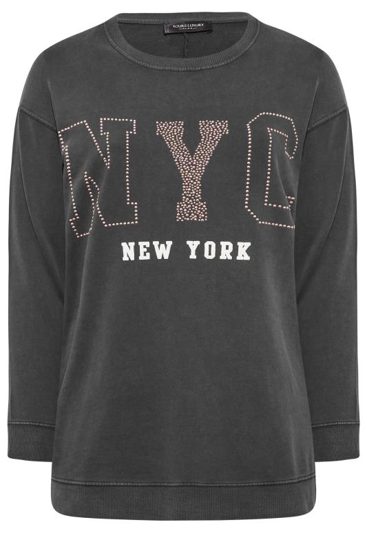YOURS LUXURY Plus Size Grey Acid Wash 'NYC' Stud Embellished Sweatshirt | Yours Clothing 7