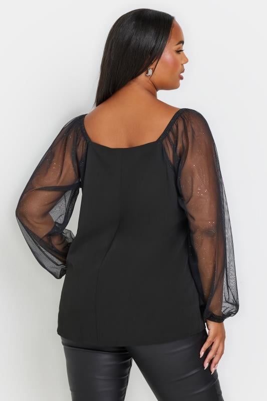 YOURS Plus Size Black Mesh Glitter Sleeve Top | Yours Clothing  3