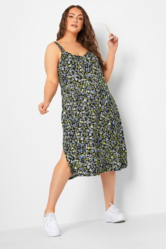 YOURS Curve Black Ditsy Floral Print Beach Dress | Yours Clothing 1