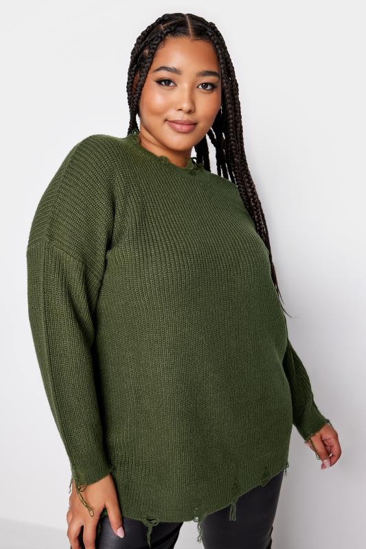 YOURS Plus Size Green Distressed Knitted Jumper | Yours Clothing 4