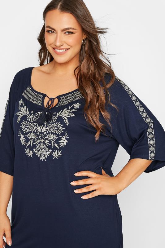 Plus Size Navy Blue Embroidered Tie Neck Top | Yours Clothing 4