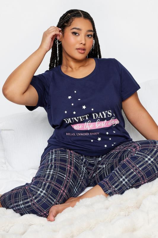 Plus Size  YOURS Curve Navy Blue 'Duvet Days' Slogan Check Print Pyjama Set