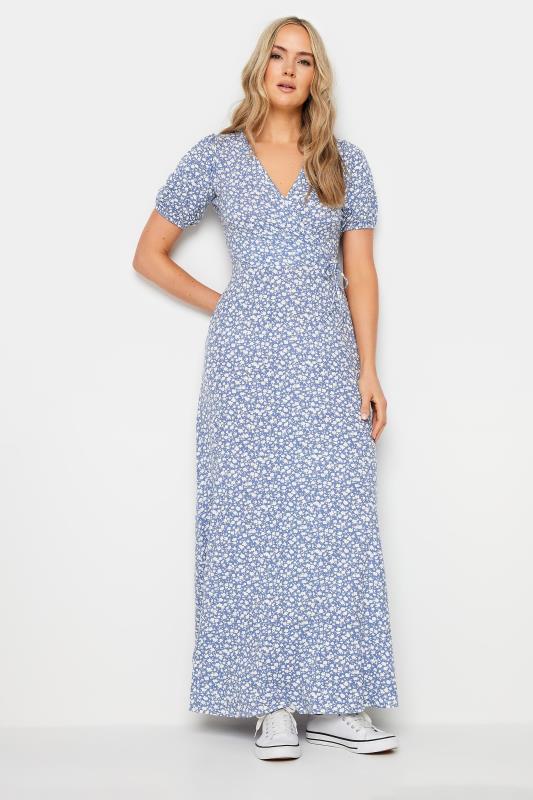 LTS Tall Women's Blue Ditsy Floral Print Maxi Wrap Dress 1