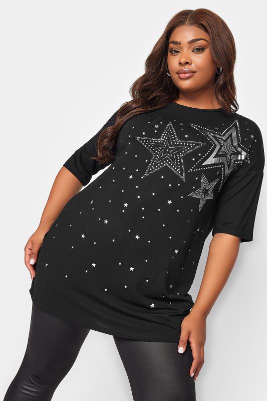 YOURS Plus Size Curve Black & Sequin Embellished Star T-Shirt | Yours Clothing  1