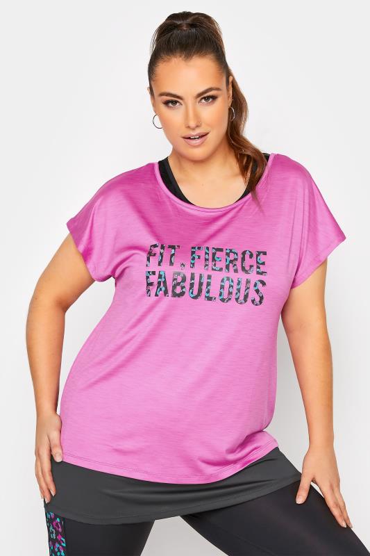 Plus Size  Curve ACTIVE Pink 2 In 1 'Fit, Fierce, Fabulous' Slogan T-Shirt
