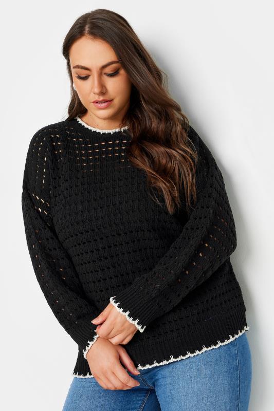 YOURS Plus Size Black Contrast Hem Crochet Jumper | Yours Clothing 1