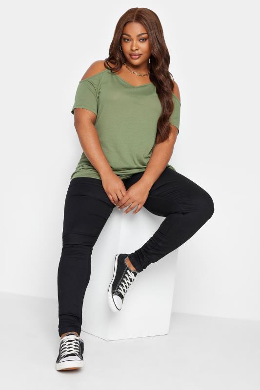YOURS Curve Plus Size 2 PACK Black & Khaki Green Cold Shoulder T-Shirts | Yours Clothing  4