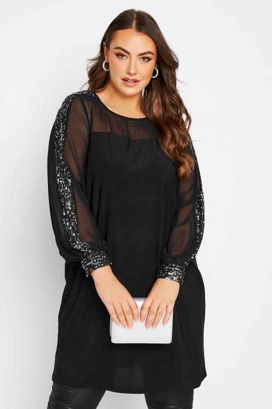 YOURS LONDON Plus Size Curve Black Long Sleeve Sequin Tunic Top | Yours Clothing 1