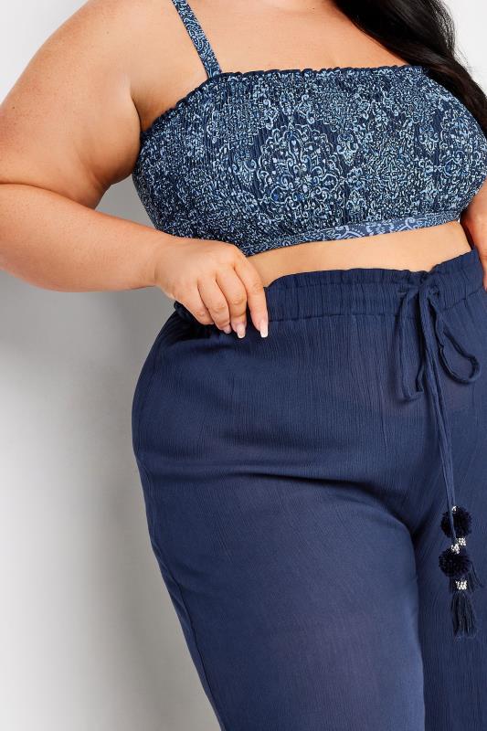 YOURS Plus Size Navy Blue Wide Leg Tassel Beach Trousers | Yours Clothing 6