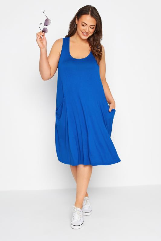 Curve Blue Sleeveless Drape Pocket Midi Dress 1