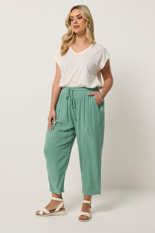 YOURS Plus Size Mint Crochet Side Crop Trousers | Yours Clothing 1