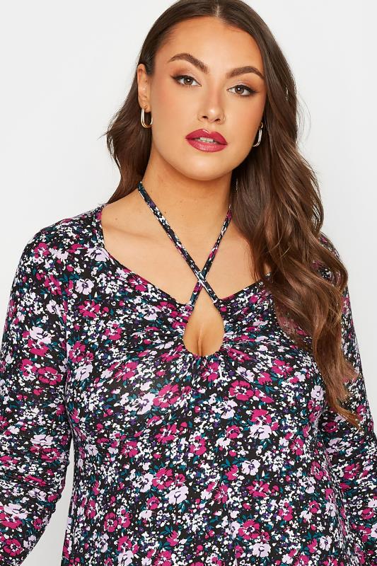 LIMITED COLLECTION Plus Size Black Floral Keyhole Tie Neckline Swing Top | Yours Clothing 5