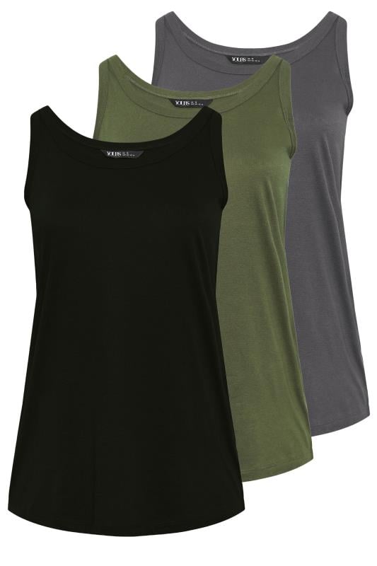 YOURS 3 PACK Curve Khaki Green & Black Core Vest Tops | Yours Clothing 7