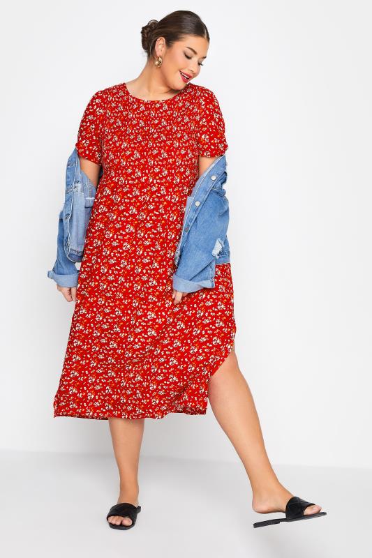 LIMITED COLLECTION Curve Red Ditsy Print Shirred Midaxi Dress_B.jpg