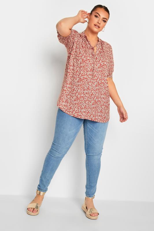 YOURS Plus Size Red Floral Print Tie Neck Blouse | Yours Clothing 2
