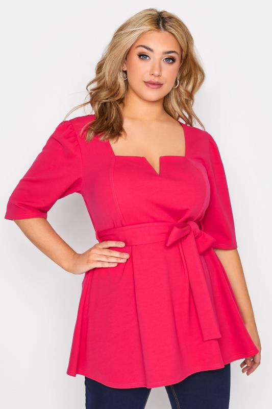 YOURS LONDON Plus Size Hot Pink Notch Neck Peplum Top | Yours Clothing 1