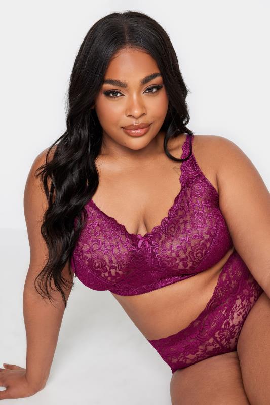 YOURS Plus Size Purple Hi Shine Lace Non-Padded Non-Wired Full Cup Bra | Yours Clothing 1