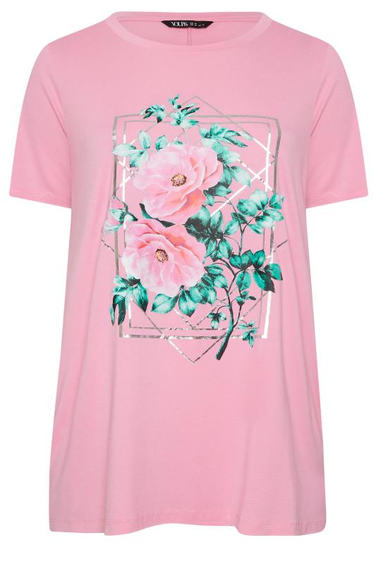 YOURS Curve Pink Floral Foil Print T-Shirt | Yours Clothing  6