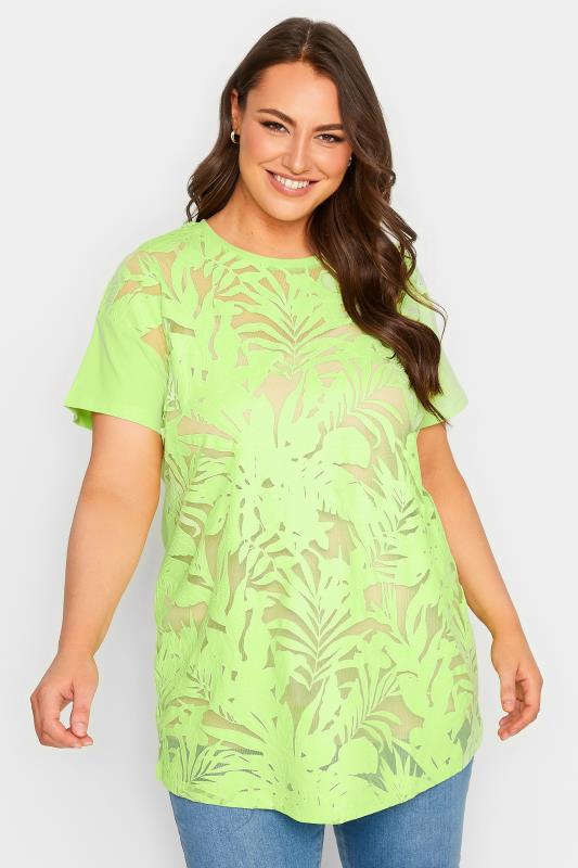 YOURS Plus Size Lime Green Floral Mesh Panel T-Shirt | Yours Clothing 1